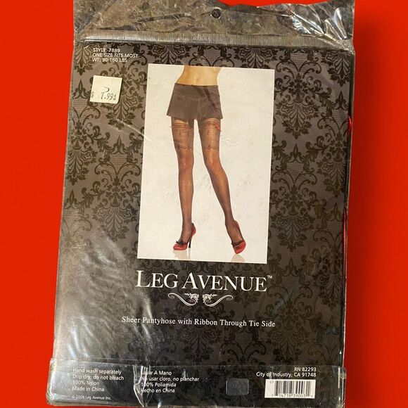 NWT - Leg Avenue Black Lace Thigh High w/ Red Ribbon - OS - Picture 2 of 2
